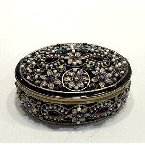 Trinket Box Enamel Jeweled Trinket Box with Rhinestones Metal Brass Floral
